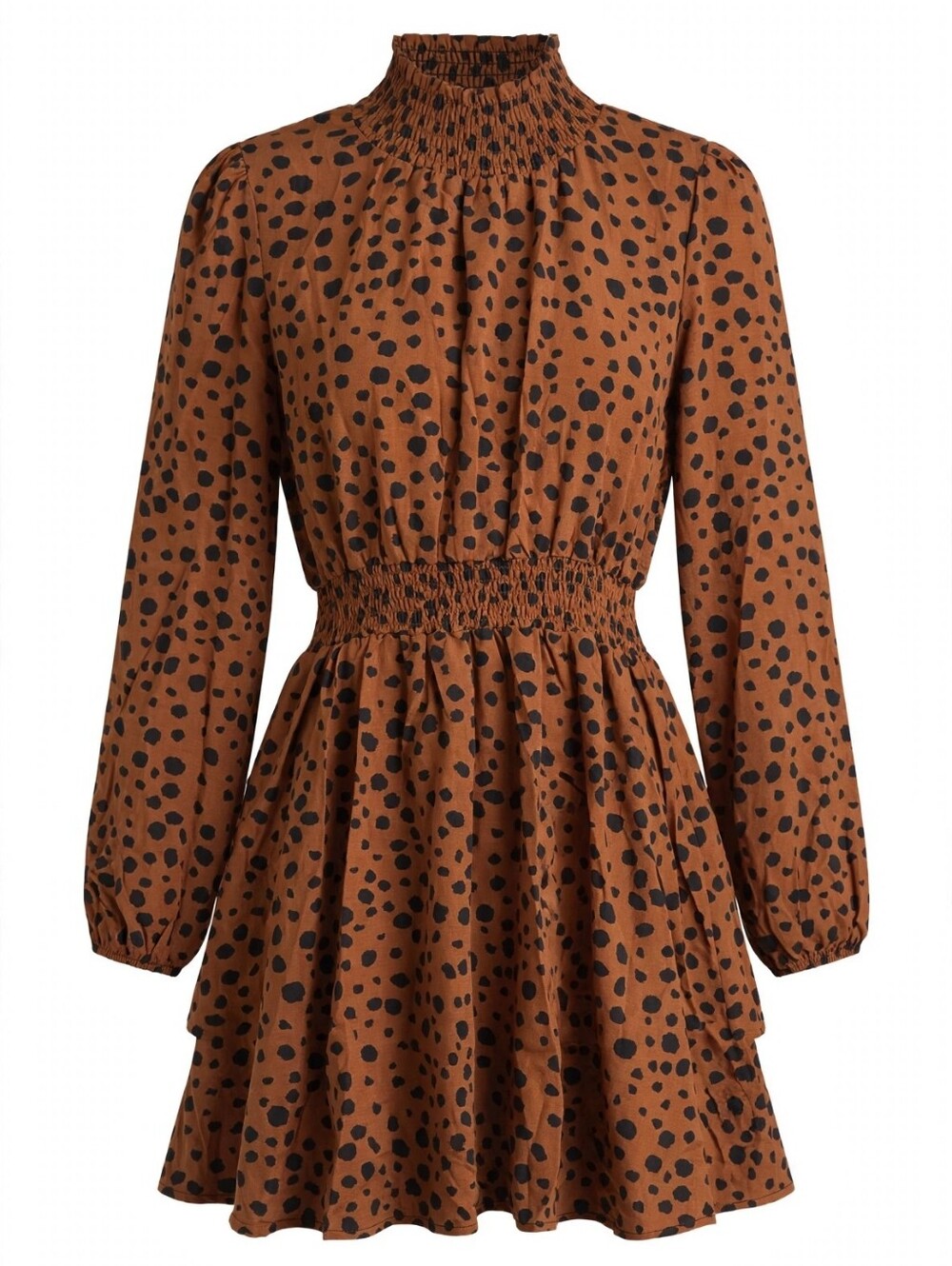 Rust Brown Polka Dot Smocked Dress S | Boho Fall Mini Dress Long Sleeve
